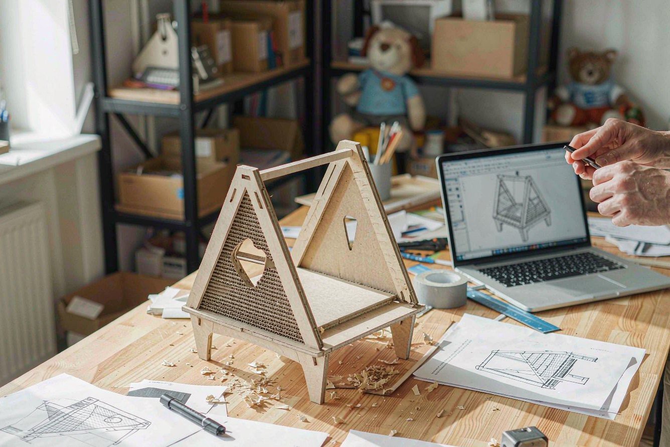 Designer adjusting a wooden A-frame cat scratcher prototype beside technical drawings and a 3D CAD model