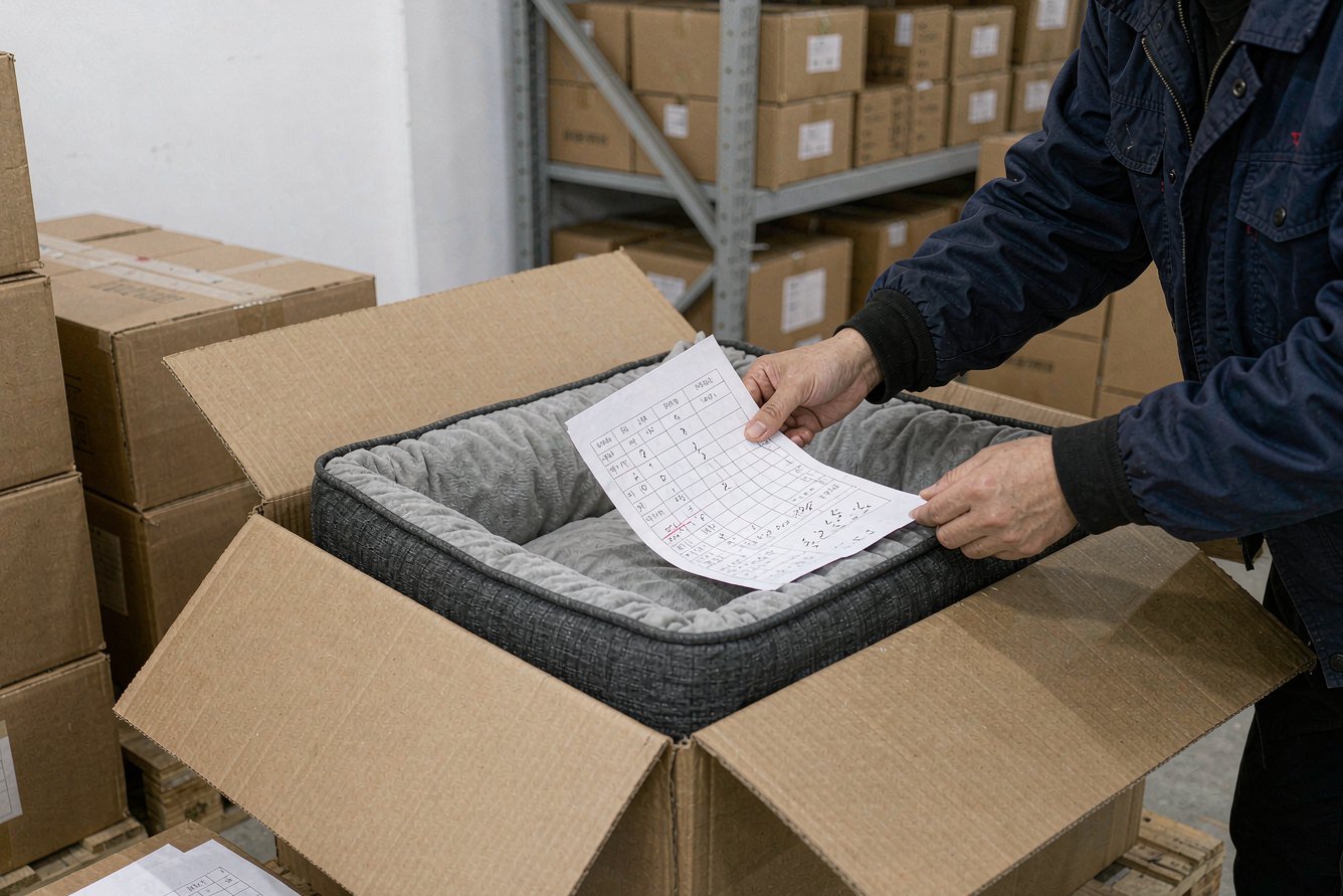 Inspector checking packed pet beds in a shipping carton against a checklist