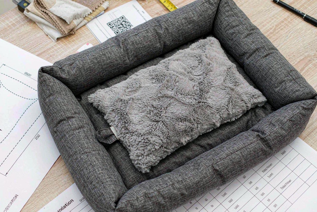Pet bed quotation review with technical drawing, fabric swatches and a measuring tape